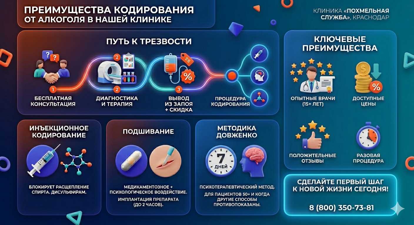 Инфографика о методах кодирования от алкоголя в Лянторе: инъекции, подшивание, метод Довженко. Преимущества клиники и этапы лечения.
