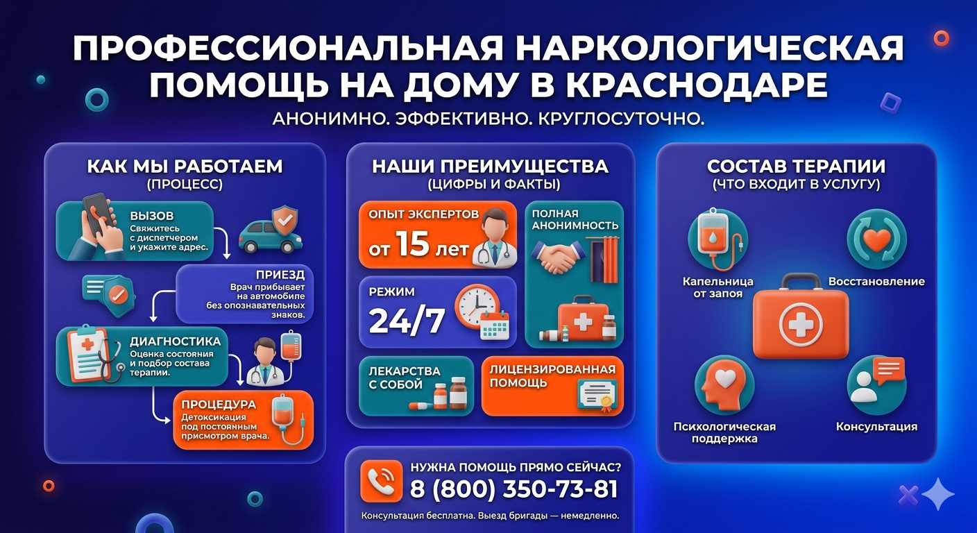 Инфографика о принципах лечения алкоголизма на дому в Лянторе: этапы вызова нарколога, преимущества анонимной детоксикации и состав медицинской помощи.
